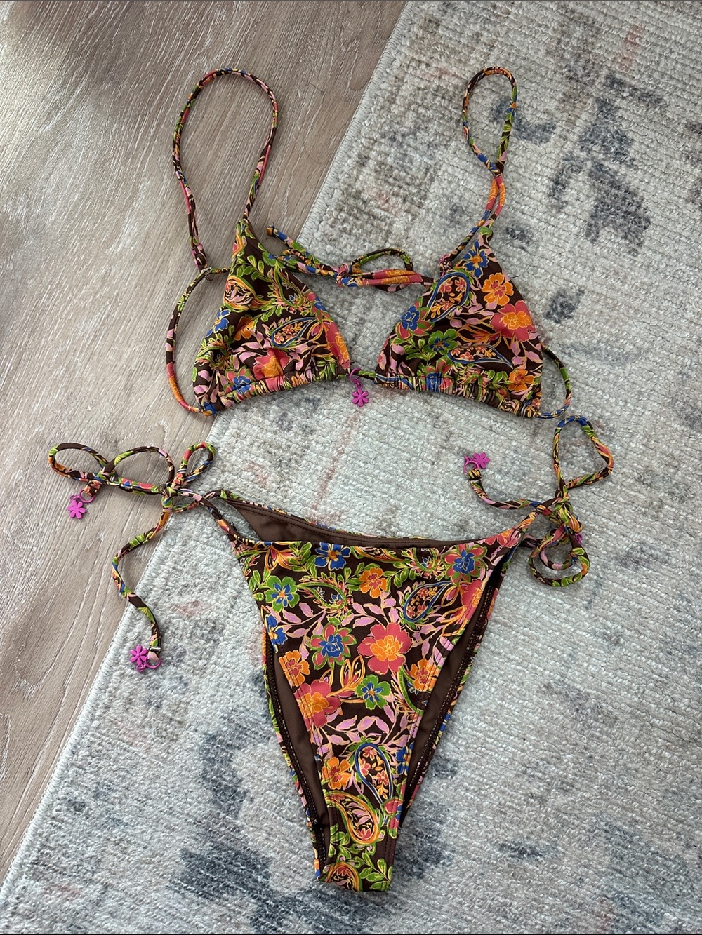 La Hearts Floral Tie String Bikini - Brown, Pink, Orange, Green, Blue